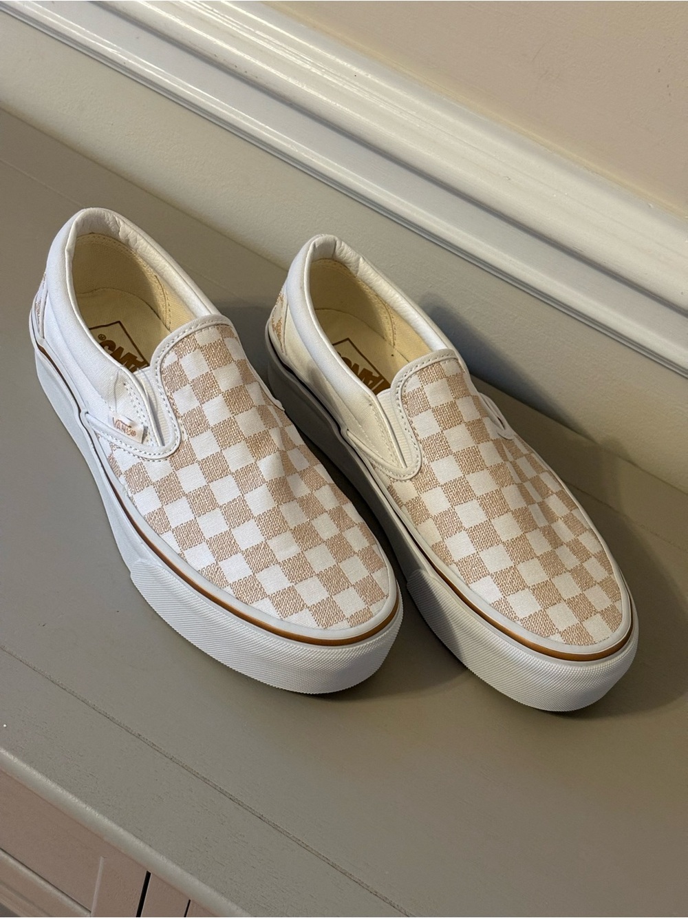 Vans Checkerboard Slip-On Sneakers - White and Tan